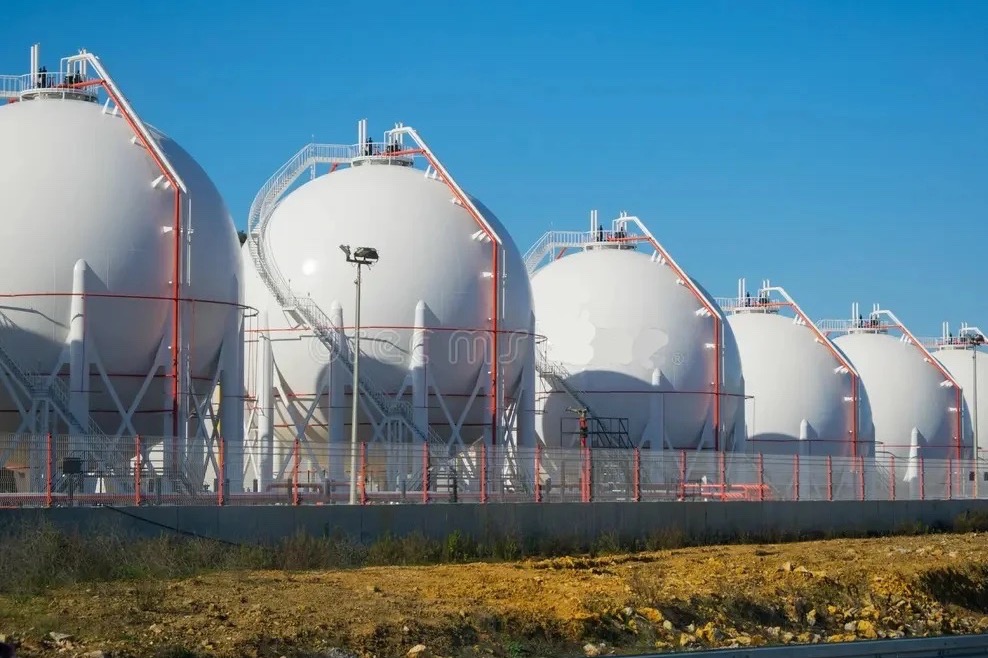 Row of spherical LPG storage tanks